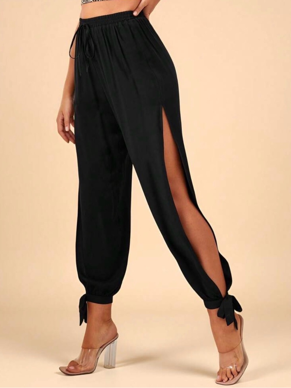 Black Side-Slit Tie Hem Pants - Women